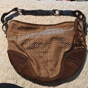 Coach Brown Signature Jacquard Shoulder Bag with Tassel